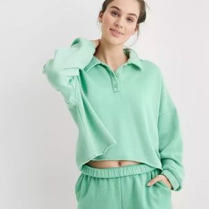 Aerie Fleece of Mind Cropped Polo Green